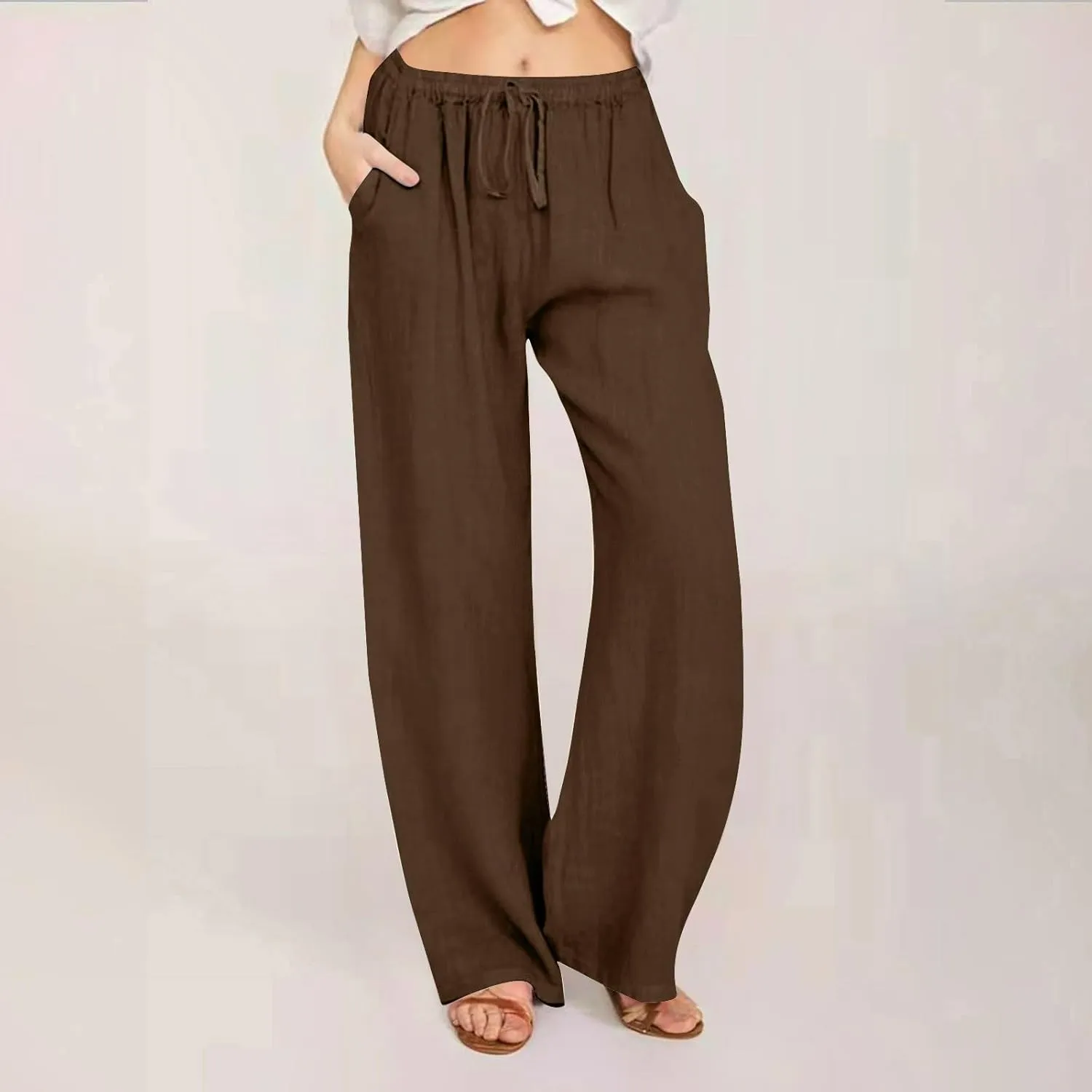 Wide Leg Linen Pants for Women Summer Boho Drawstring High Waist Casual Lounge Pant 2025 Beach Travel Vacation Outfits