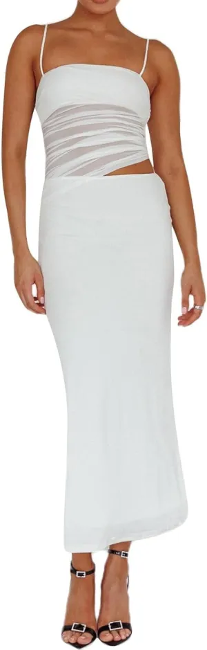 Women 2 Piece Maxi Skirt Set Spaghetti Strap Ruched Mesh Cami Top Bodycon Long Skirts Summer Beach Vacation Outfits