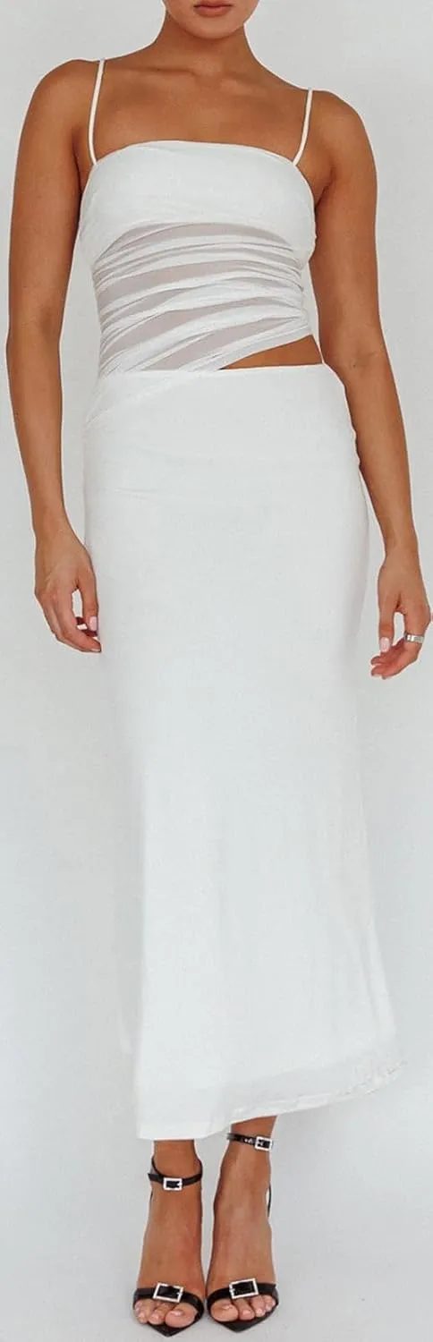 Women 2 Piece Maxi Skirt Set Spaghetti Strap Ruched Mesh Cami Top Bodycon Long Skirts Summer Beach Vacation Outfits