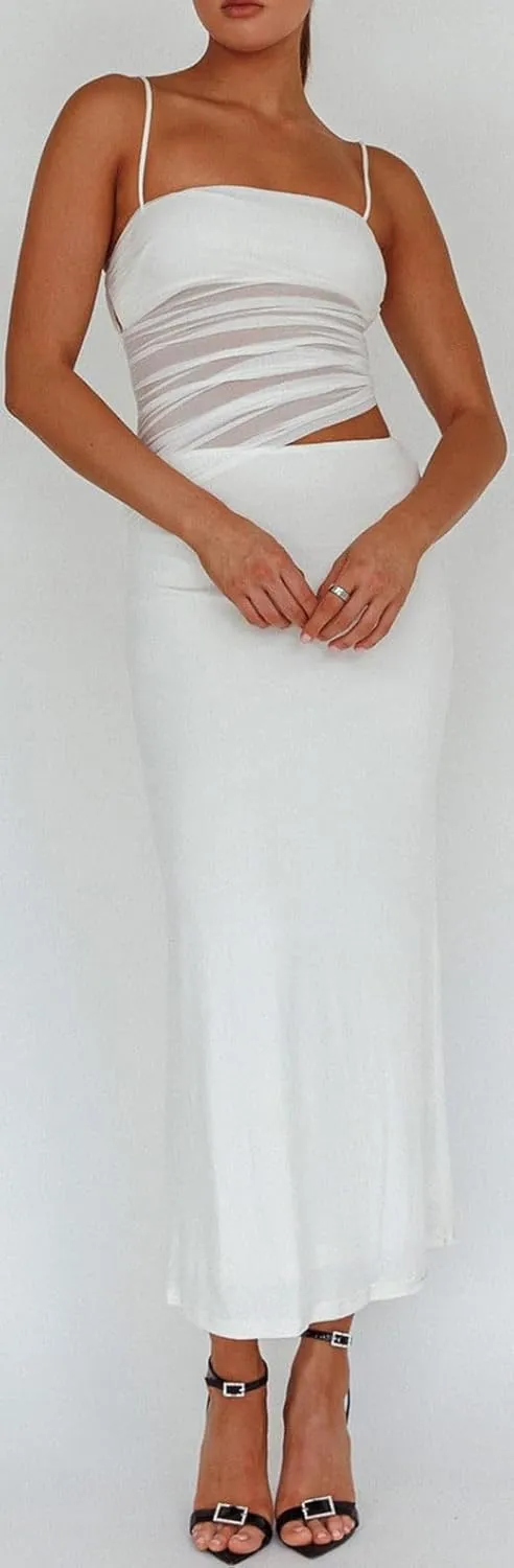 Women 2 Piece Maxi Skirt Set Spaghetti Strap Ruched Mesh Cami Top Bodycon Long Skirts Summer Beach Vacation Outfits