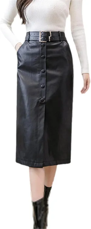 Women Bodycon PU Faux Leather Pencil Skirts with Belt Button Autumn Winter Slim Office Ladies Midi Hip Skirt Black
