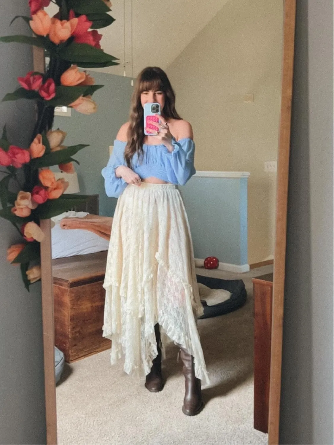 Women Floral Lace Long Skirt Asymmetrical Layered Summer Sheer Maxi Skirts Sexy See-Through Flowy Boho Beach Skirt