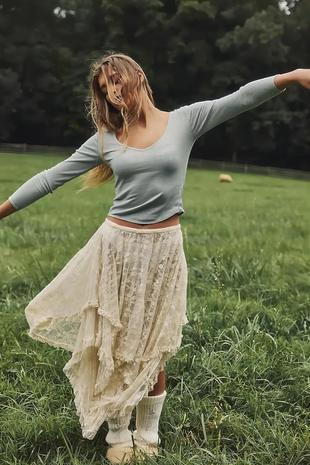 Women Floral Lace Long Skirt Asymmetrical Layered Summer Sheer Maxi Skirts Sexy See-Through Flowy Boho Beach Skirt