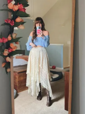 Women Floral Lace Long Skirt Asymmetrical Layered Summer Sheer Maxi Skirts Sexy See-Through Flowy Boho Beach Skirt