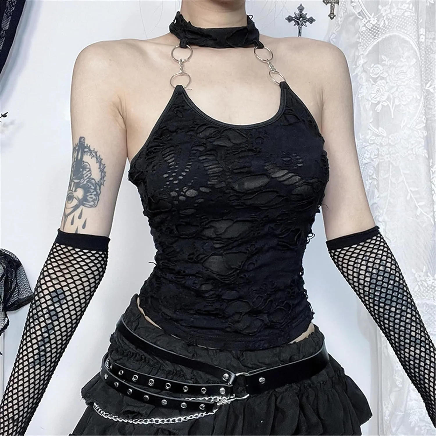 Women Gothic Crop Top Camisole Tank Tops Clubwear Cropped Cami T-Shirt