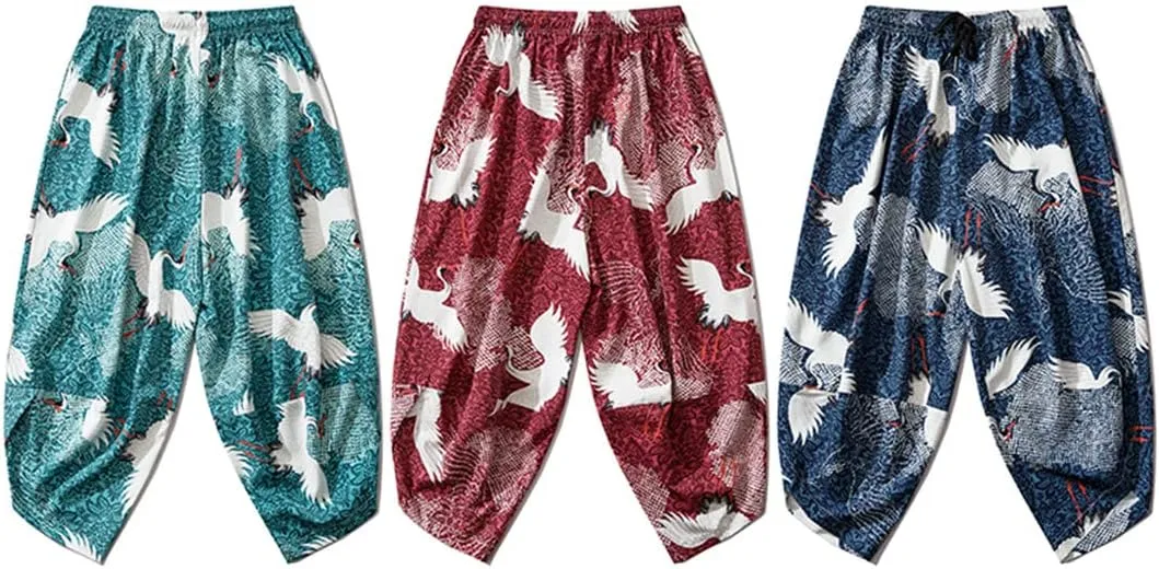 Women Men Kimono Pants Vintage Japanese Style Crane Print Casual Loose Harem Trousers