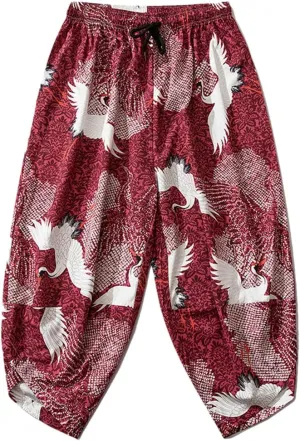 Women Men Kimono Pants Vintage Japanese Style Crane Print Casual Loose Harem Trousers