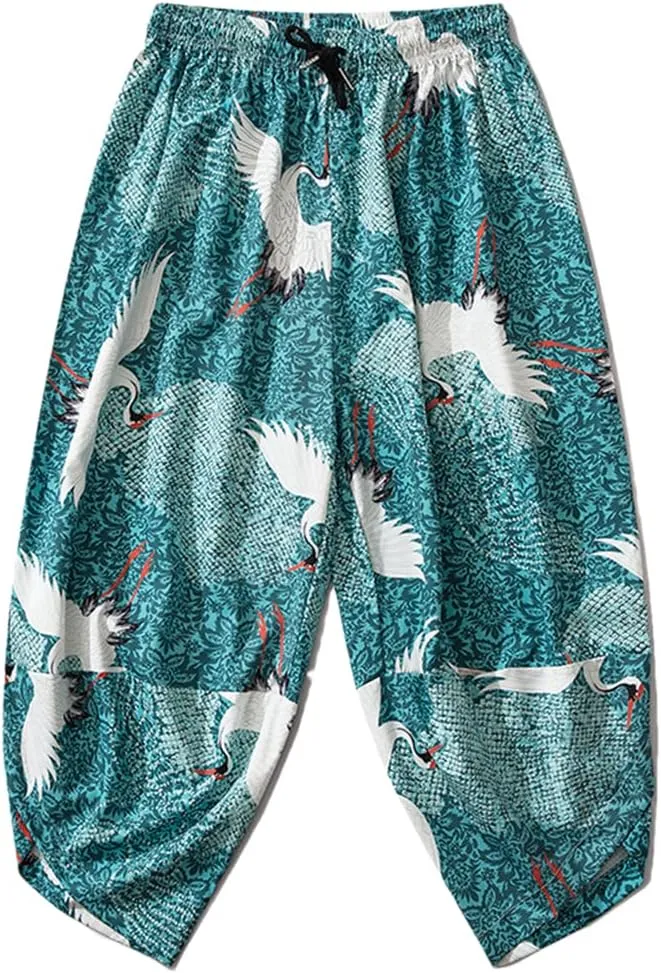 Women Men Kimono Pants Vintage Japanese Style Crane Print Casual Loose Harem Trousers