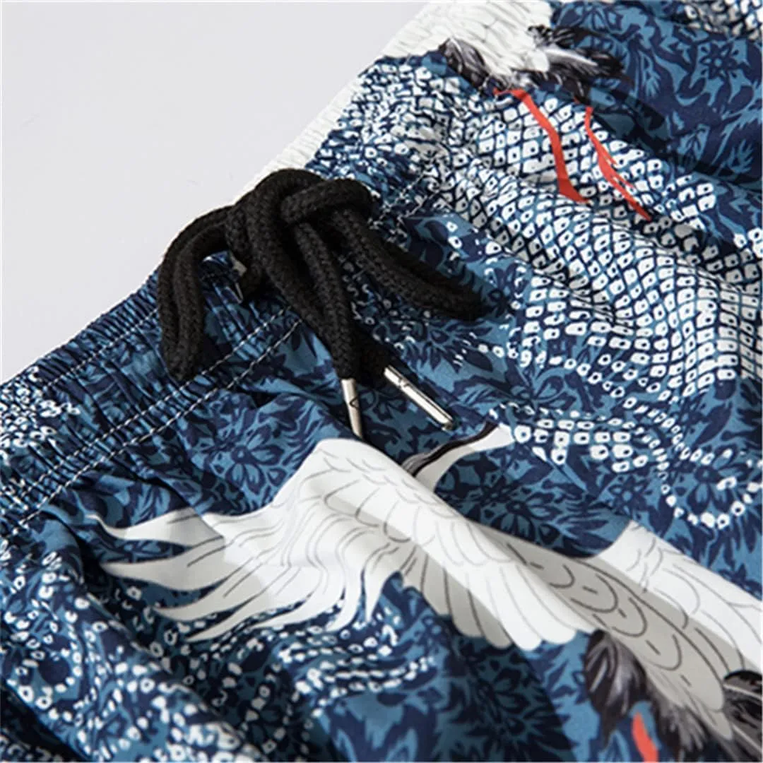 Women Men Kimono Pants Vintage Japanese Style Crane Print Casual Loose Harem Trousers