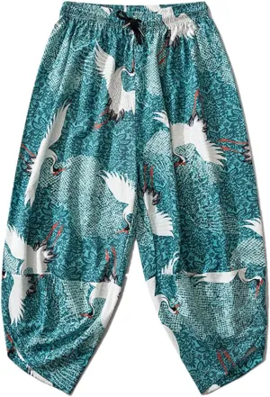 Women Men Kimono Pants Vintage Japanese Style Crane Print Casual Loose Harem Trousers
