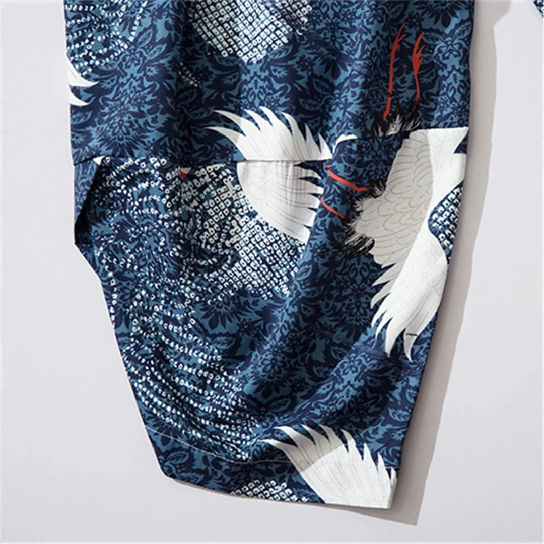 Women Men Kimono Pants Vintage Japanese Style Crane Print Casual Loose Harem Trousers