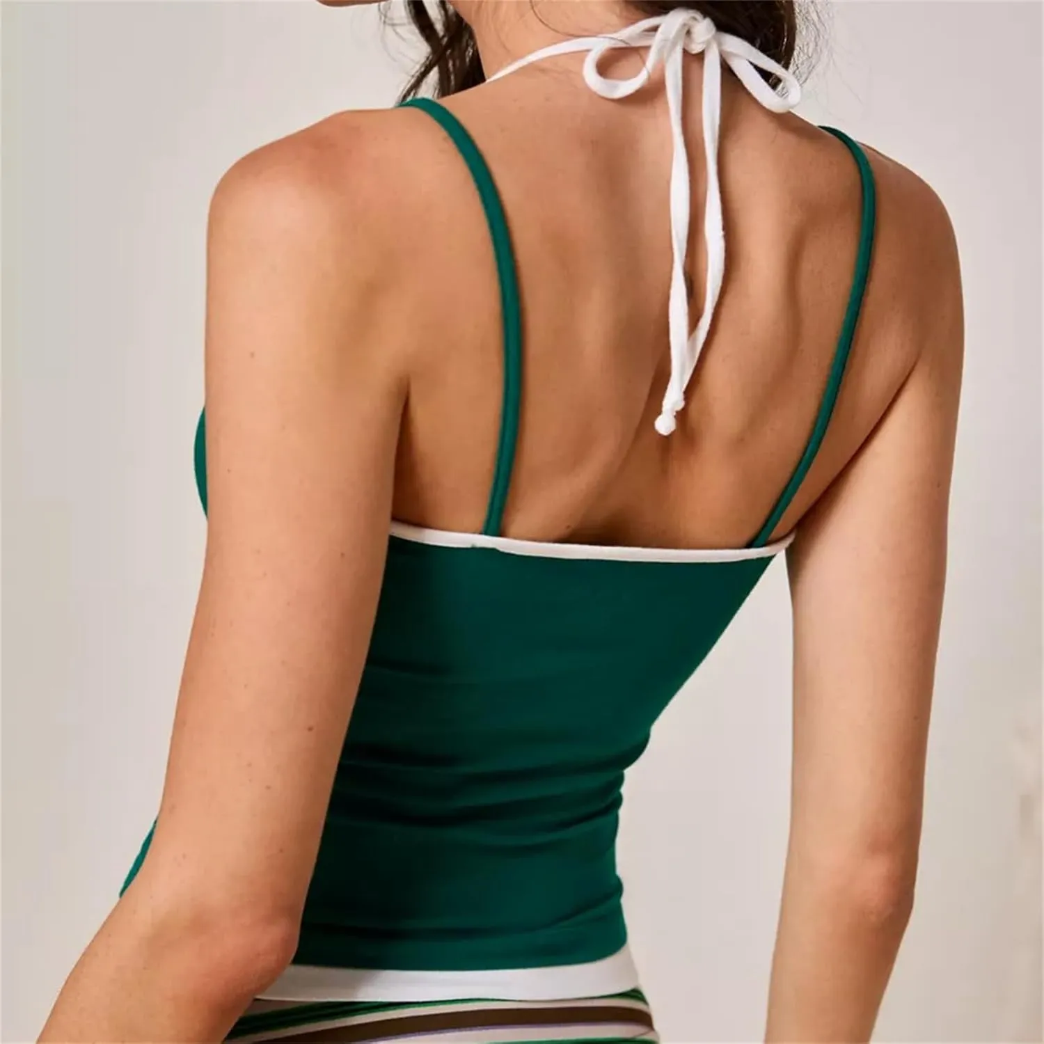 Women Sexy Bodycon Contrast Color Crop Camisole Y2k Spaghetti Strap Low Cut Halter Backless Tank Top Summer Streetwear