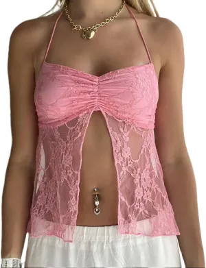 Women Sexy Low Cut Lace Camisole Fairycore Spaghetti Strap Backless Tie Front Flowy Peplum Crop Top Y2k Going Out Tank