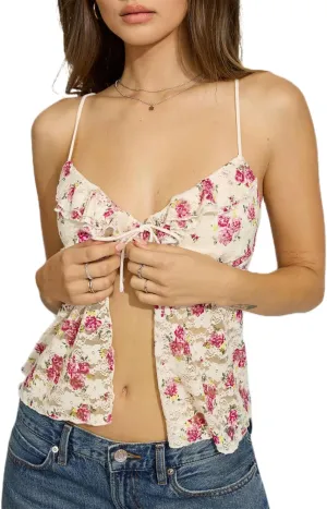 Women Sexy Low Cut Lace Camisole Fairycore Spaghetti Strap Backless Tie Front Flowy Peplum Crop Top Y2k Going Out Tank