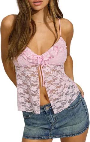 Women Sexy Low Cut Lace Camisole Fairycore Spaghetti Strap Backless Tie Front Flowy Peplum Crop Top Y2k Going Out Tank