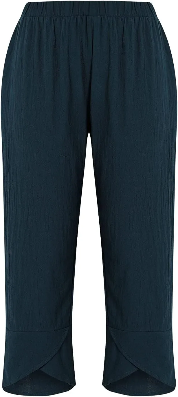 Women Summer Cotton Linen Niners Pants Wide Leg Middle Waist Loose Casual Trousers Beach Pant Outfits