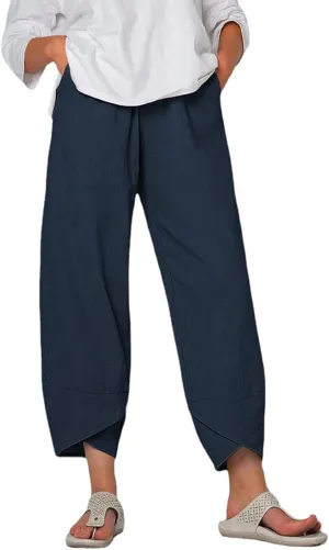 Women Summer Cotton Linen Niners Pants Wide Leg Middle Waist Loose Casual Trousers Beach Pant Outfits