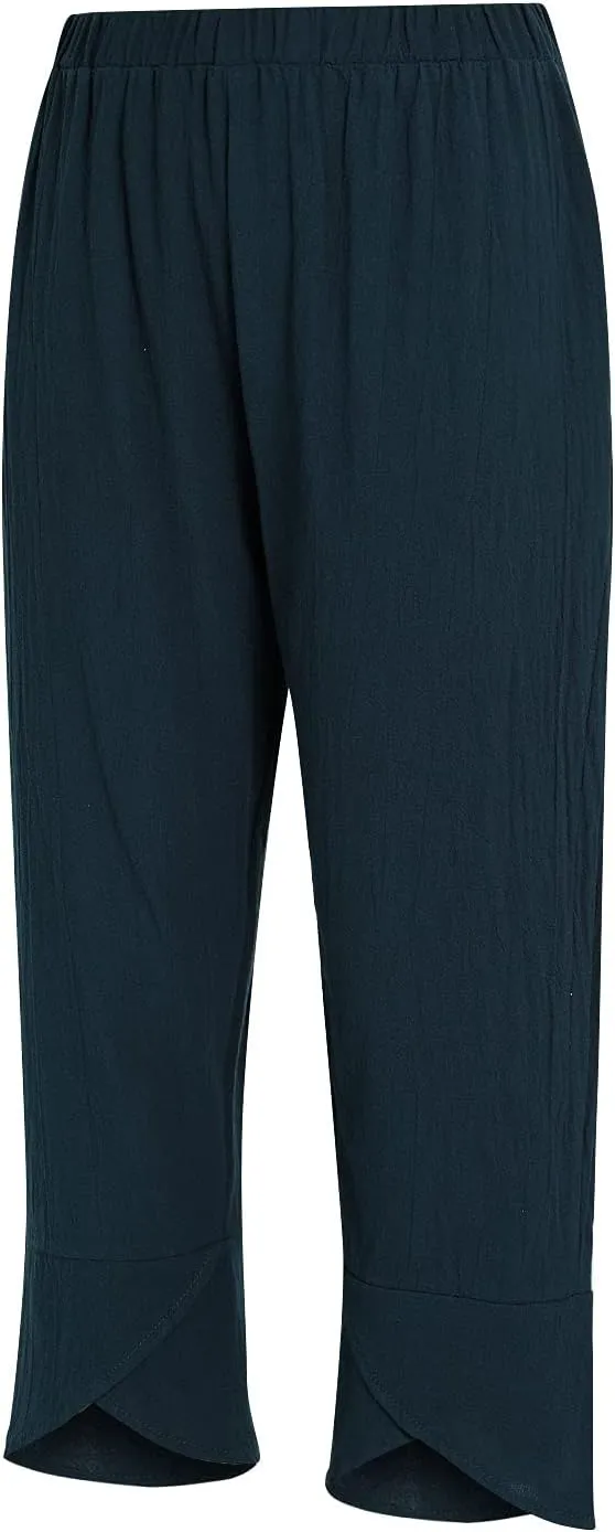 Women Summer Cotton Linen Niners Pants Wide Leg Middle Waist Loose Casual Trousers Beach Pant Outfits