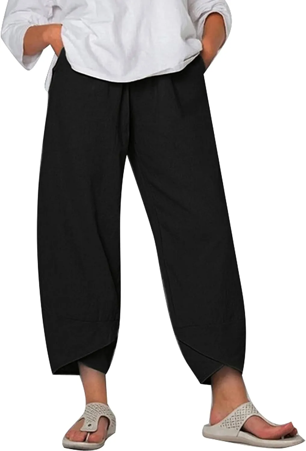 Women Summer Cotton Linen Niners Pants Wide Leg Middle Waist Loose Casual Trousers Beach Pant Outfits
