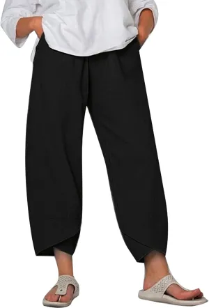 Women Summer Cotton Linen Niners Pants Wide Leg Middle Waist Loose Casual Trousers Beach Pant Outfits