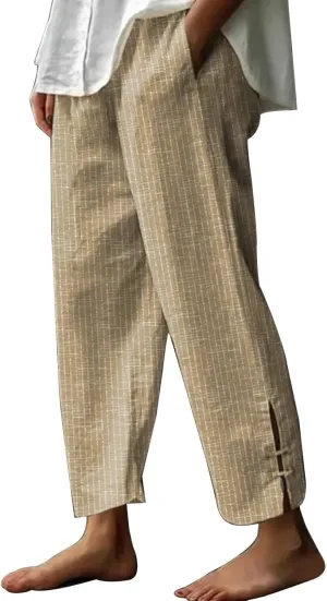 Women Summer Cotton Linen Wide Leg Pants Striped Split Elastic High Waist Casual Straight Trousers with Pockets