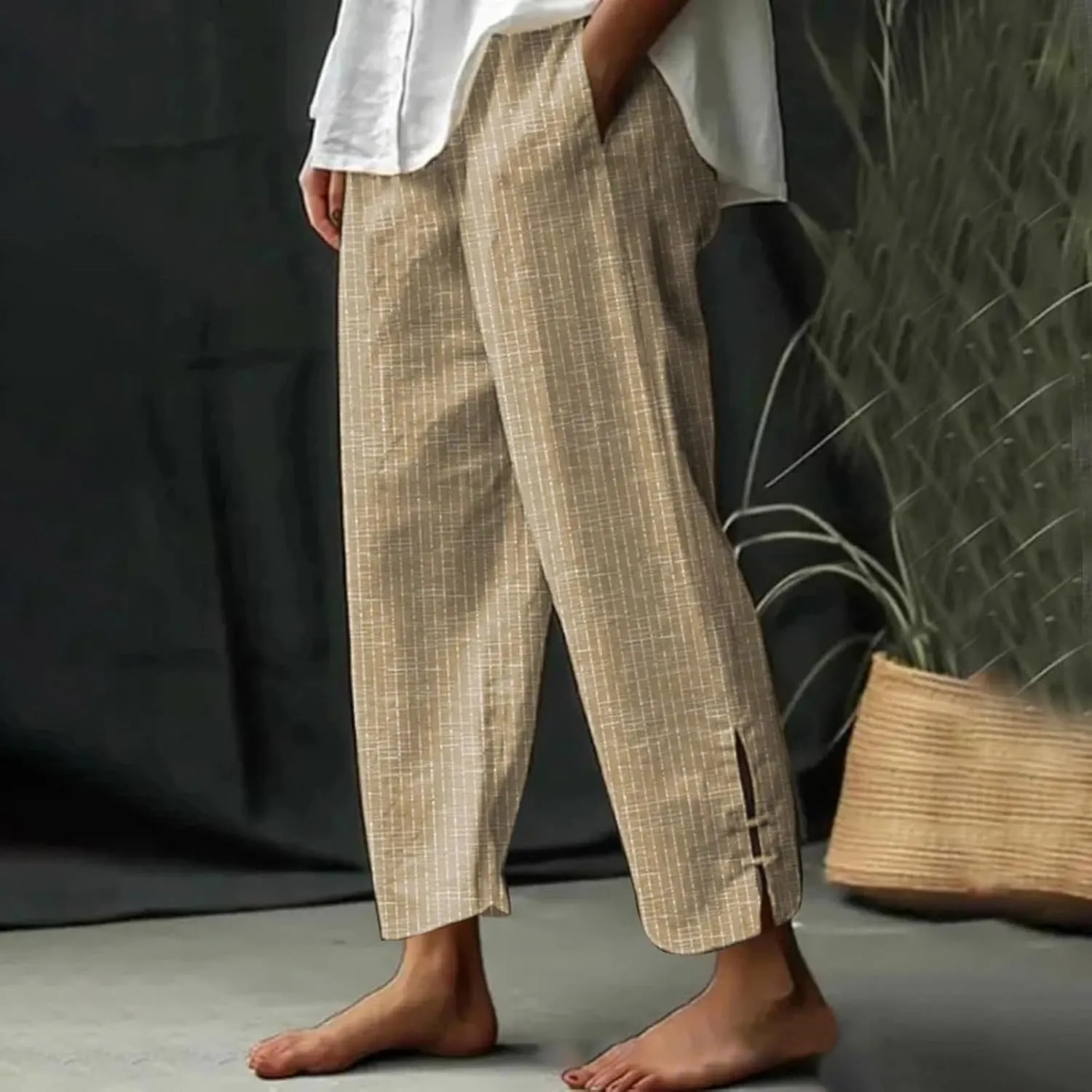 Women Summer Cotton Linen Wide Leg Pants Striped Split Elastic High Waist Casual Straight Trousers with Pockets