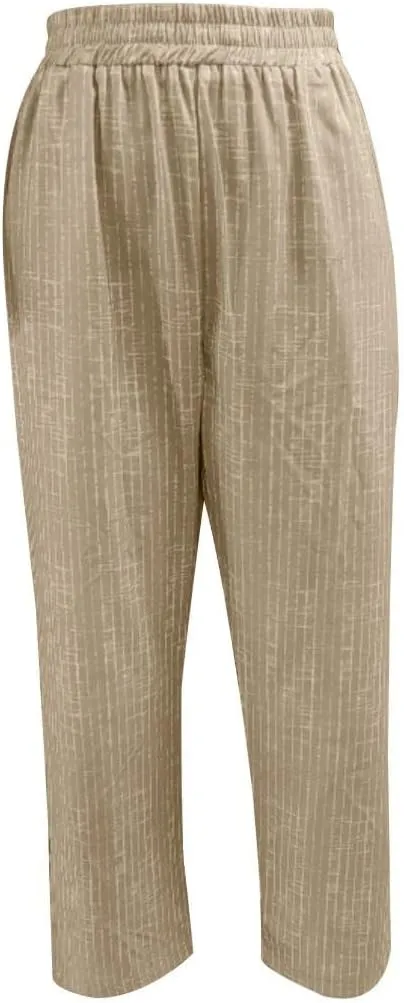 Women Summer Cotton Linen Wide Leg Pants Striped Split Elastic High Waist Casual Straight Trousers with Pockets