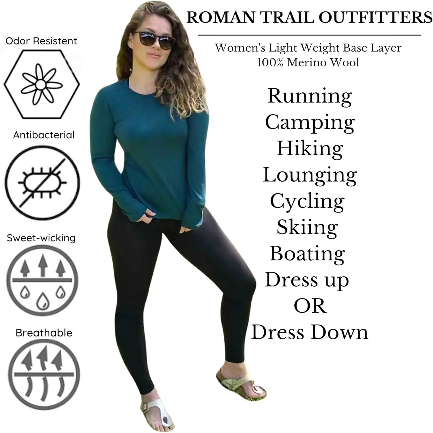 Women's 100% Merino Wool Long Sleeve Shirt - Moisture Wicking - Ultralight and Soft - Odor Base Layer