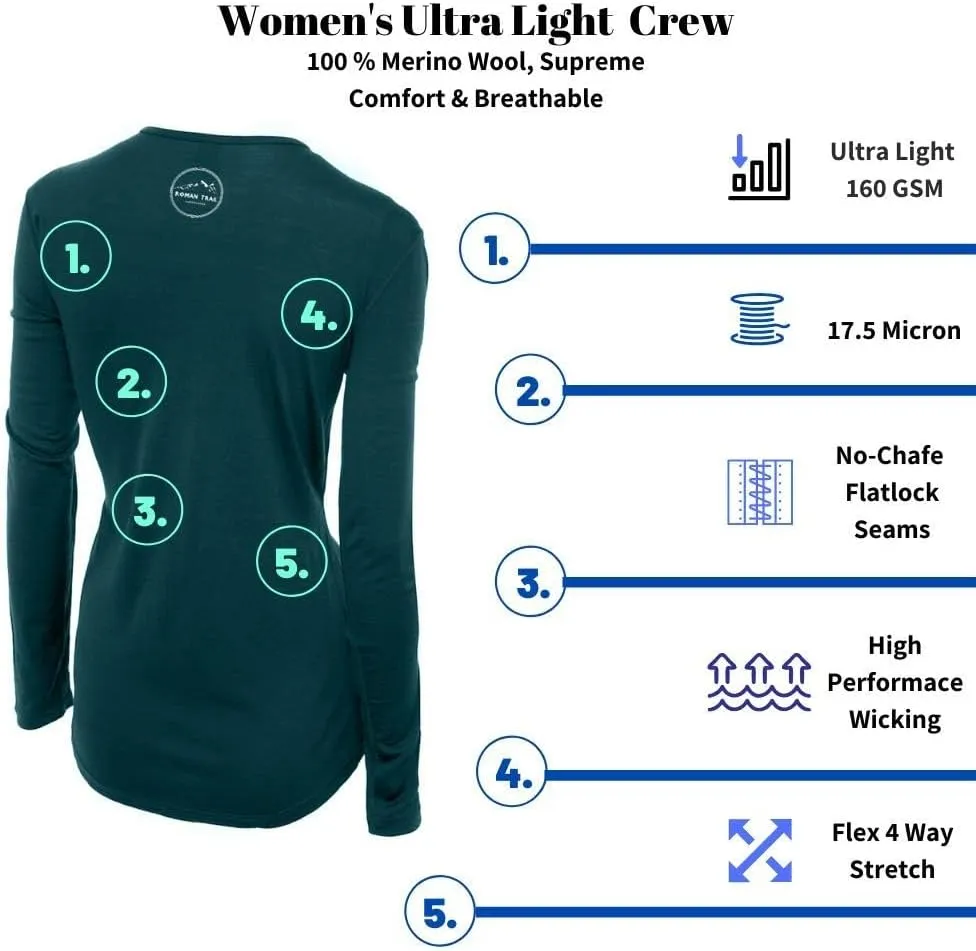 Women's 100% Merino Wool Long Sleeve Shirt - Moisture Wicking - Ultralight and Soft - Odor Base Layer
