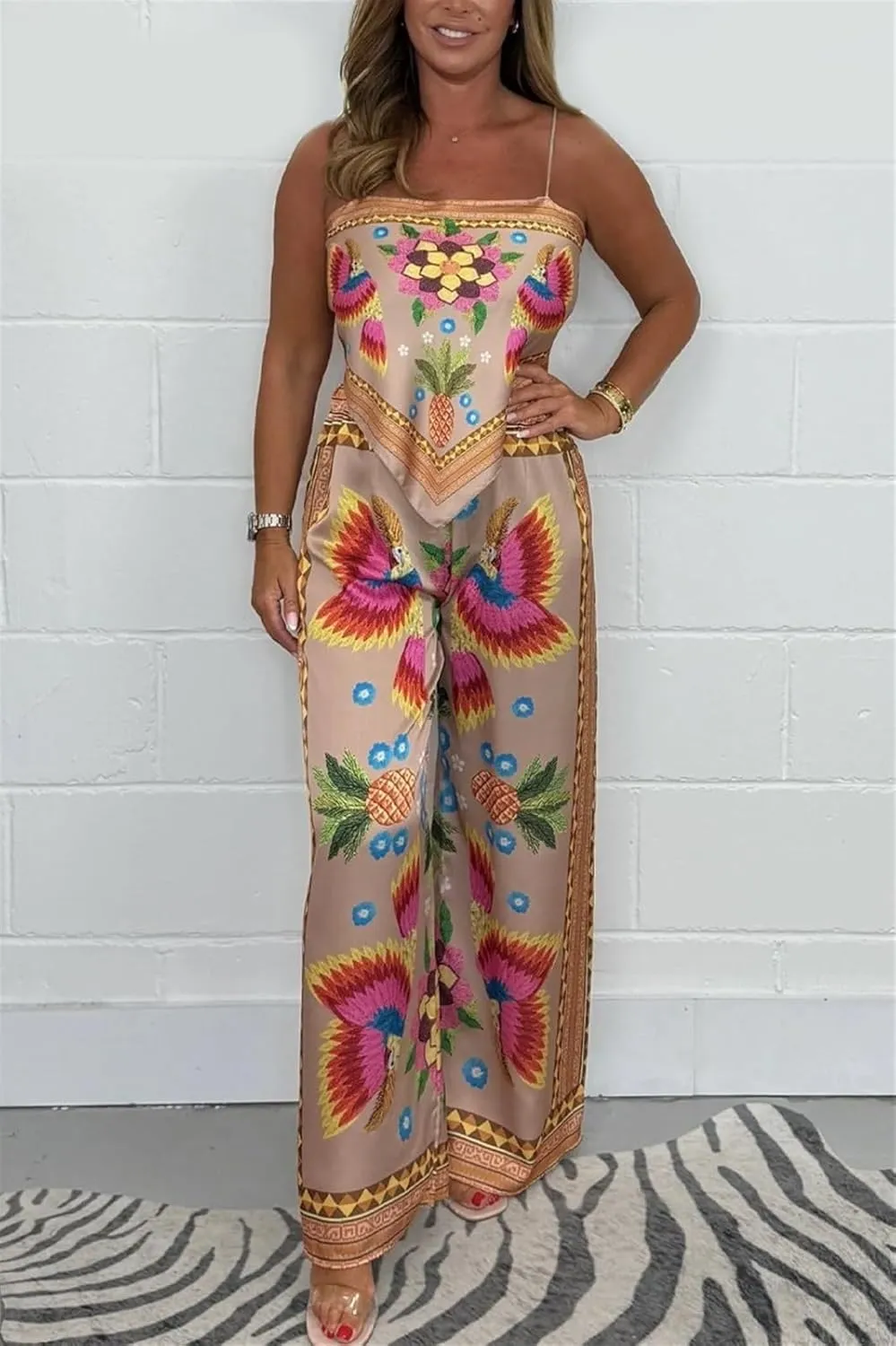 Women's 2-Piece Printed Lace-Up Vest-Camisole Wide-leg Pants Printed Positioned Off-the-Shoulder Top Party Club Set