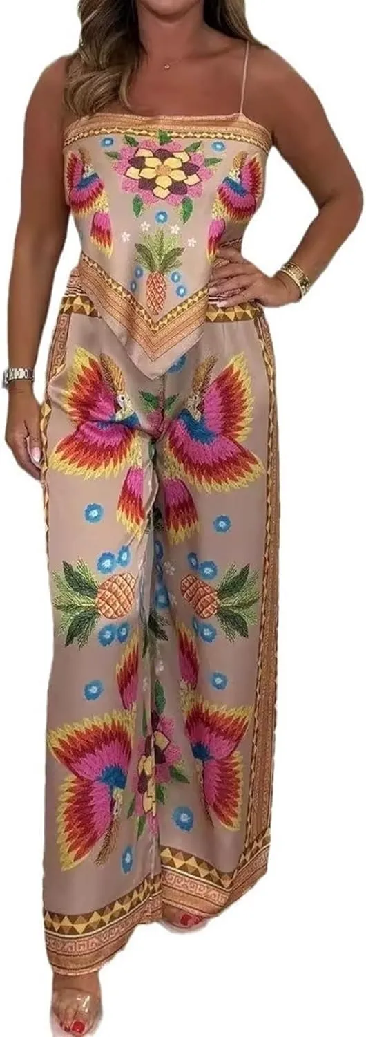 Women's 2-Piece Printed Lace-Up Vest-Camisole Wide-leg Pants Printed Positioned Off-the-Shoulder Top Party Club Set