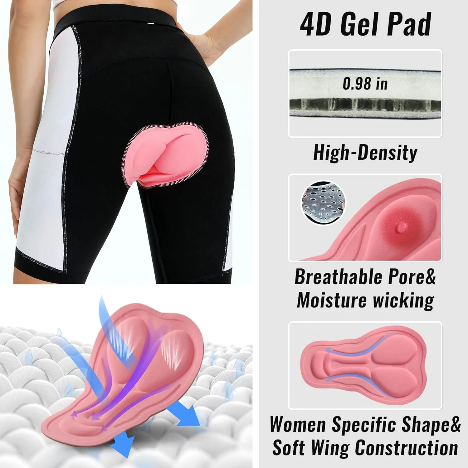 Womens Bike Shorts 4D Gel Pading Cycling Spinning Biker Bicycle Short with Pockets Wide Waistband