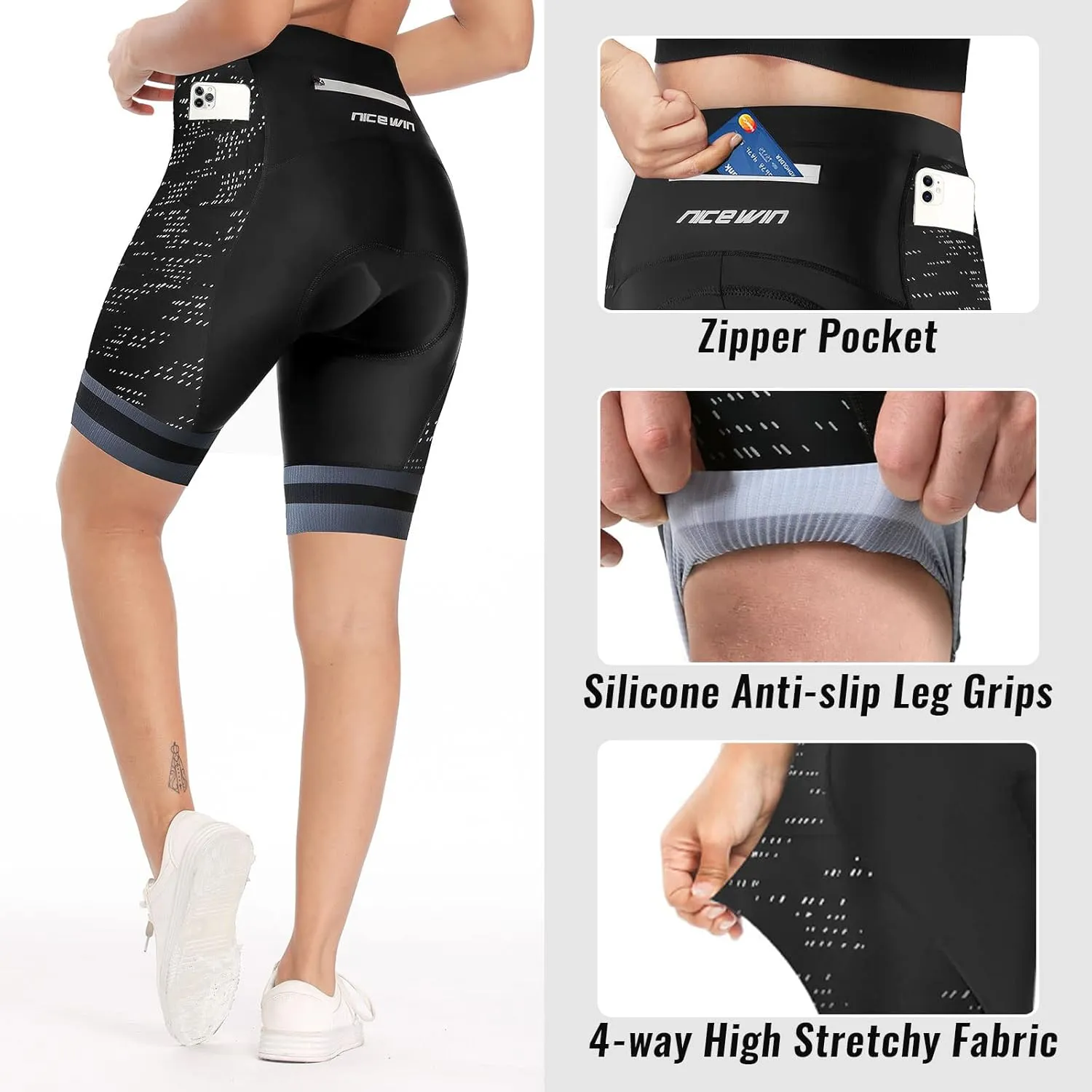 Womens Bike Shorts 4D Gel Pading Cycling Spinning Biker Bicycle Short with Pockets Wide Waistband