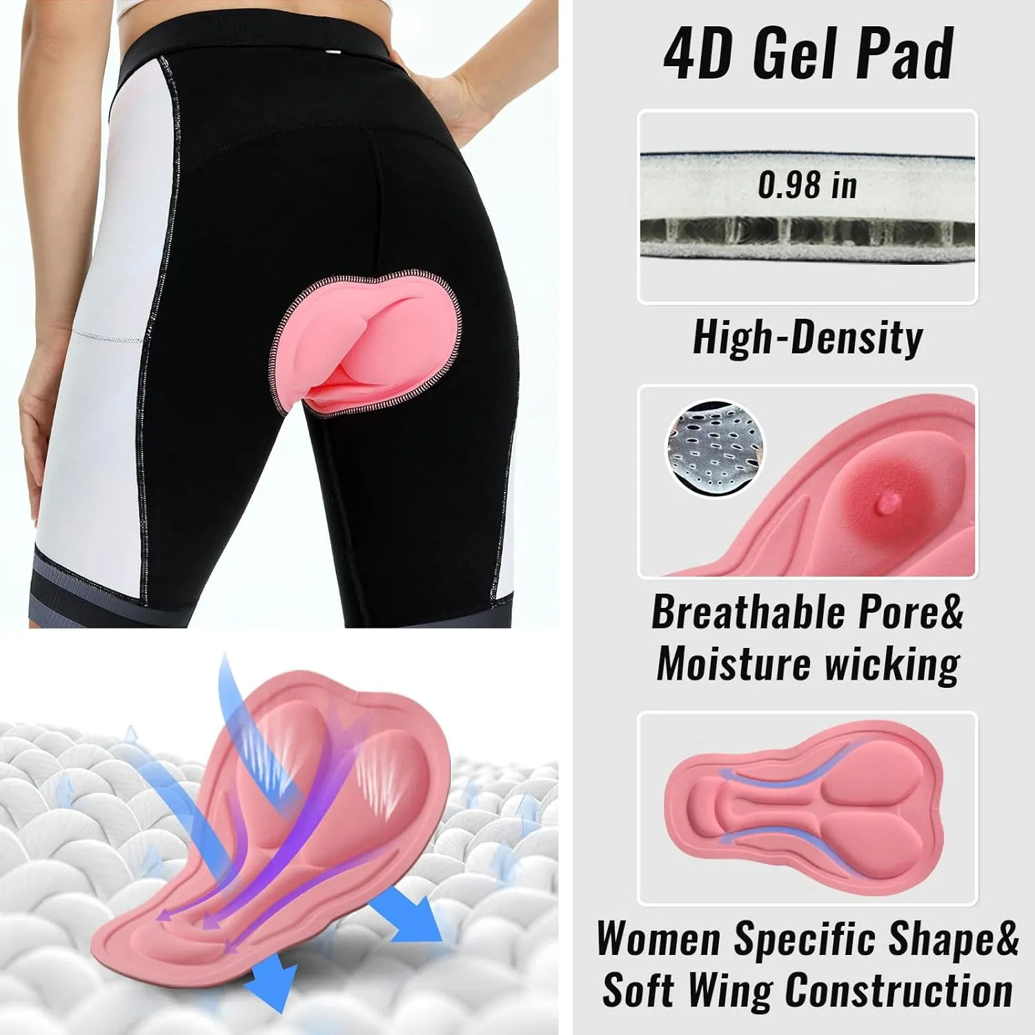 Womens Bike Shorts 4D Gel Pading Cycling Spinning Biker Bicycle Short with Pockets Wide Waistband