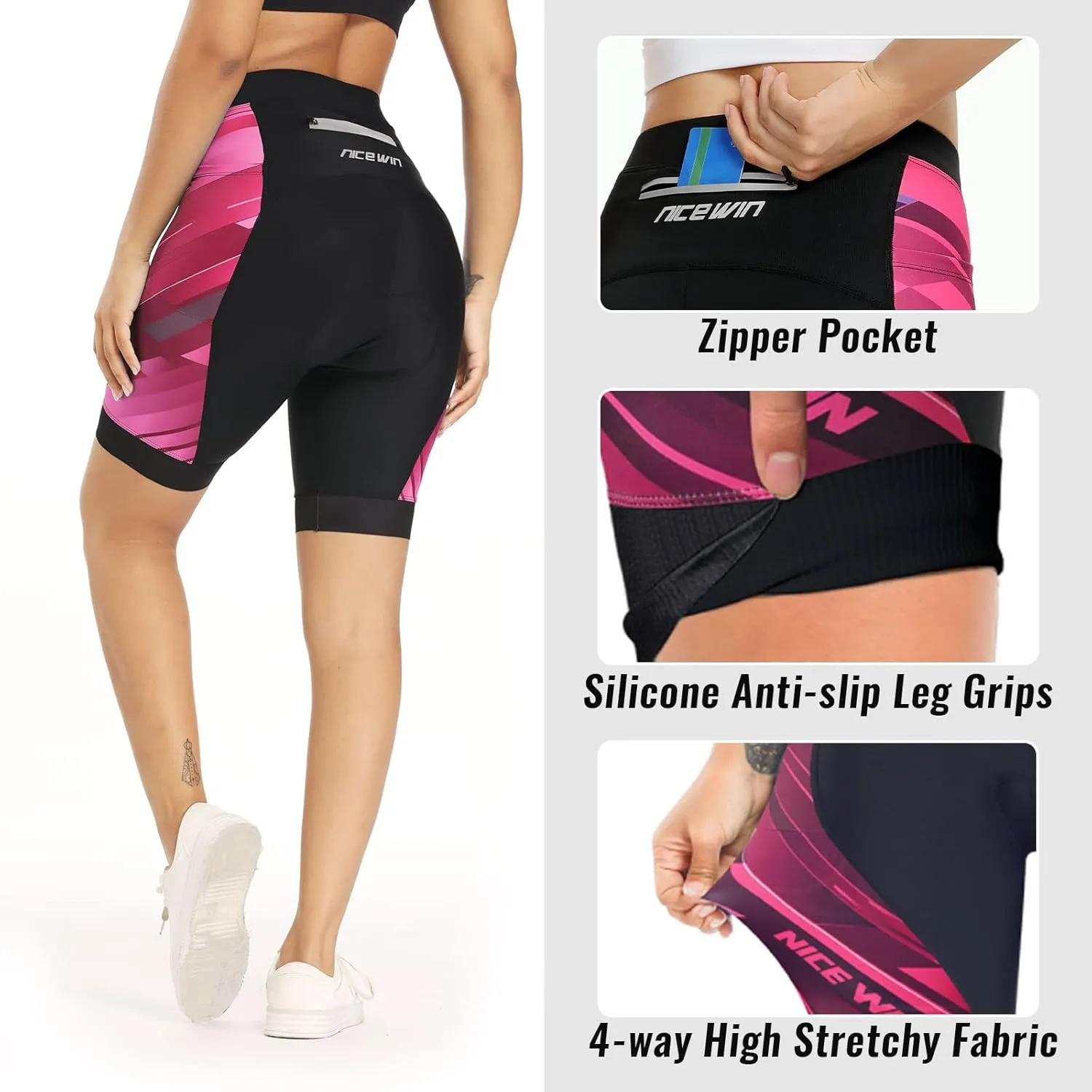 Womens Bike Shorts 4D Gel Pading Cycling Spinning Biker Bicycle Short with Pockets Wide Waistband