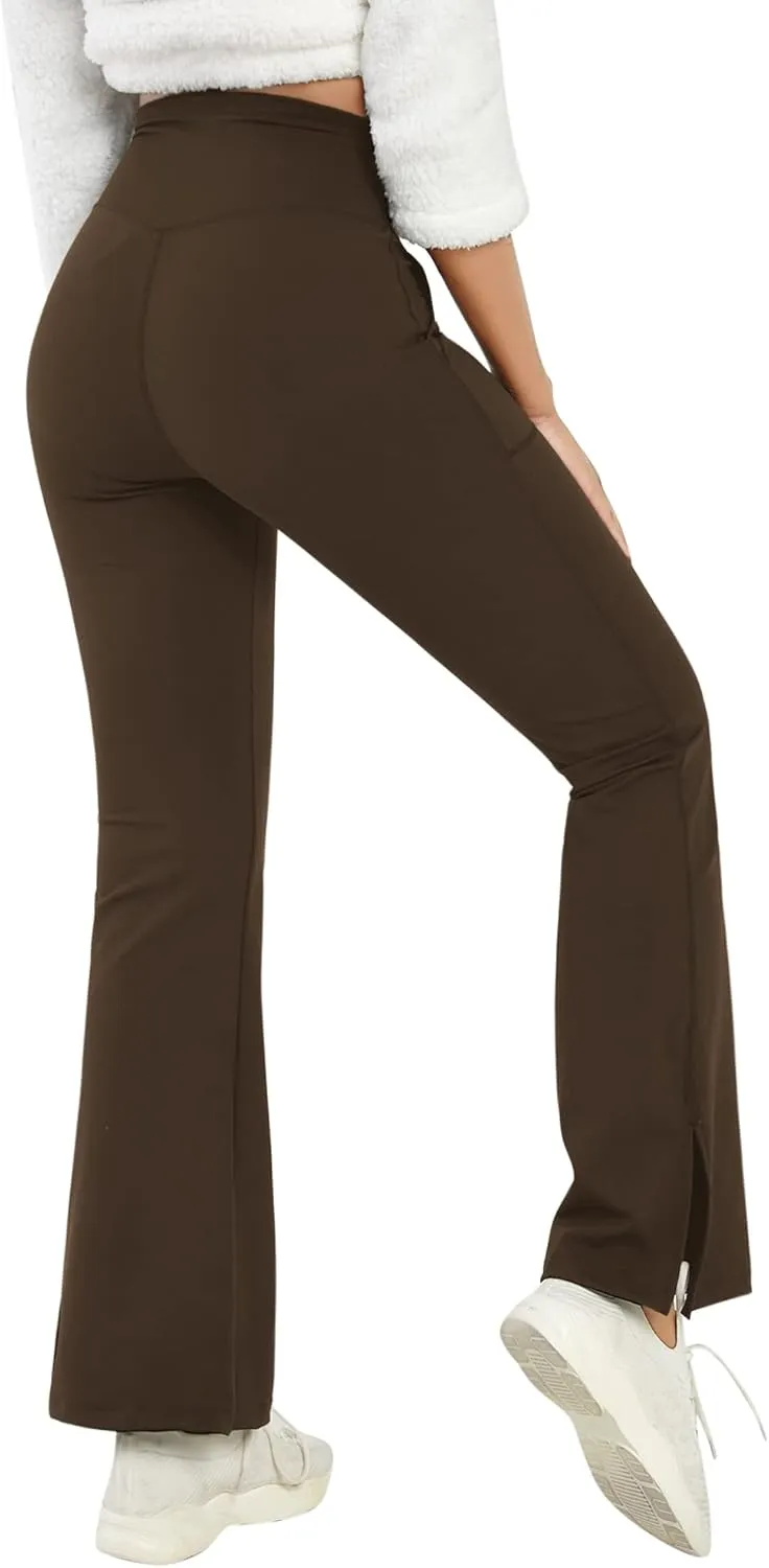 Women's Bootcut Yoga Pants Work Pants Crossover Split Hem Full Length Flare Leggings with Pocket