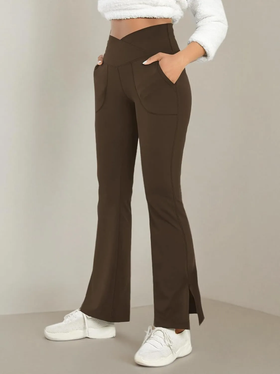 Women's Bootcut Yoga Pants Work Pants Crossover Split Hem Full Length Flare Leggings with Pocket