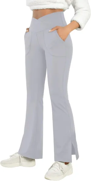 Women's Bootcut Yoga Pants Work Pants Crossover Split Hem Full Length Flare Leggings with Pocket