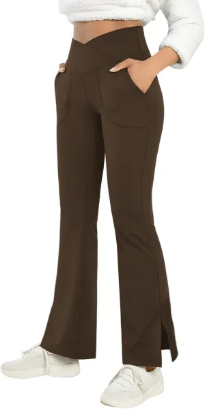 Women's Bootcut Yoga Pants Work Pants Crossover Split Hem Full Length Flare Leggings with Pocket