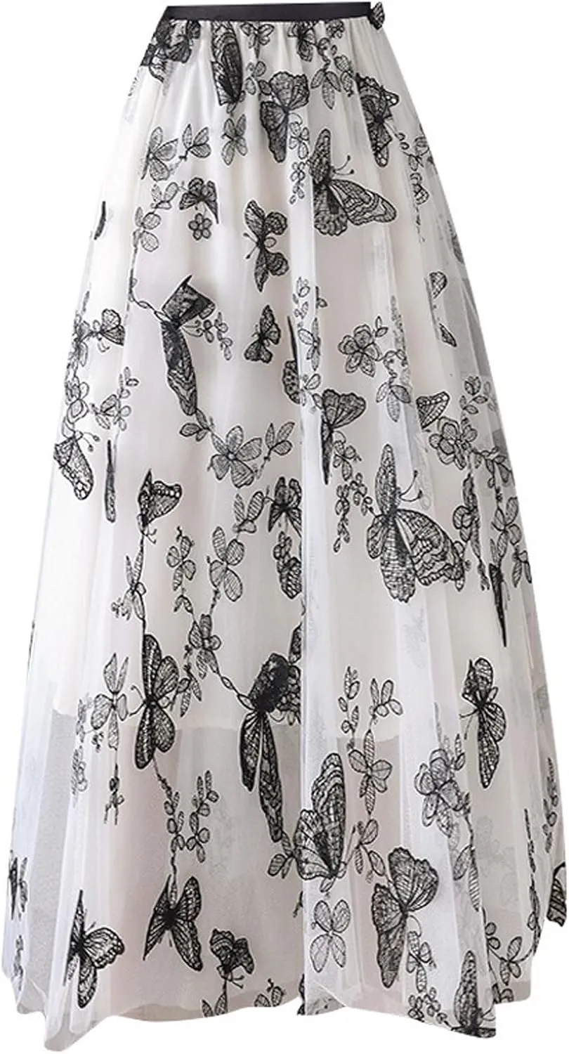Women's Butterfly Double-Layer mesh midi Skirt Sheer Skirt Elastic high Waisted A-line midi Skirt
