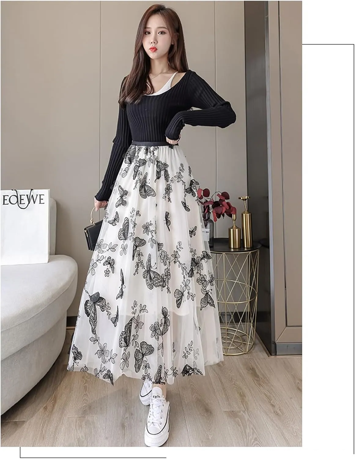 Women's Butterfly Double-Layer mesh midi Skirt Sheer Skirt Elastic high Waisted A-line midi Skirt