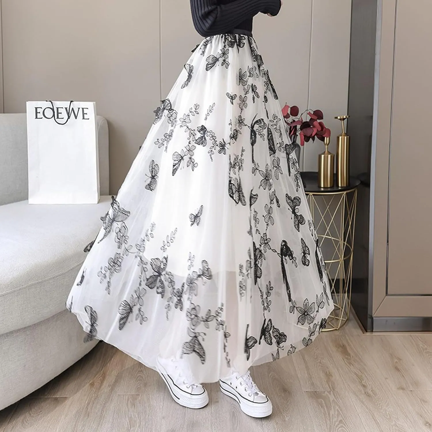 Women's Butterfly Double-Layer mesh midi Skirt Sheer Skirt Elastic high Waisted A-line midi Skirt