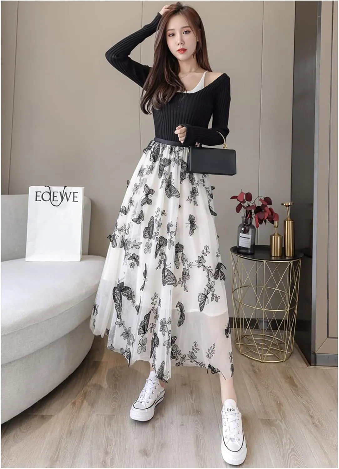 Women's Butterfly Double-Layer mesh midi Skirt Sheer Skirt Elastic high Waisted A-line midi Skirt