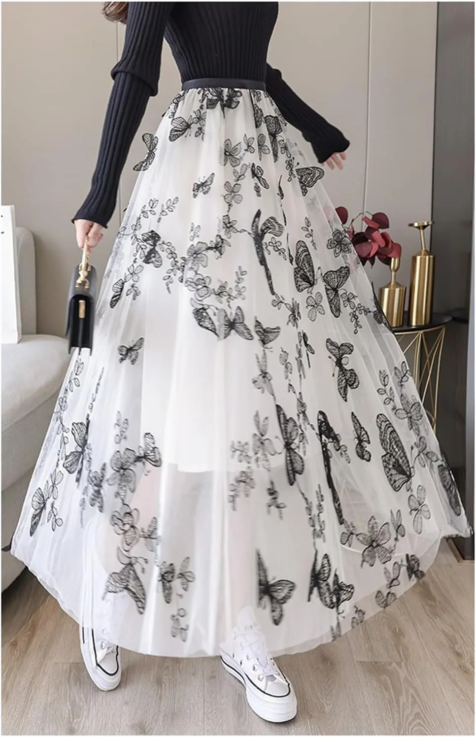 Women's Butterfly Double-Layer mesh midi Skirt Sheer Skirt Elastic high Waisted A-line midi Skirt