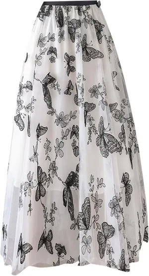 Women's Butterfly Double-Layer mesh midi Skirt Sheer Skirt Elastic high Waisted A-line midi Skirt