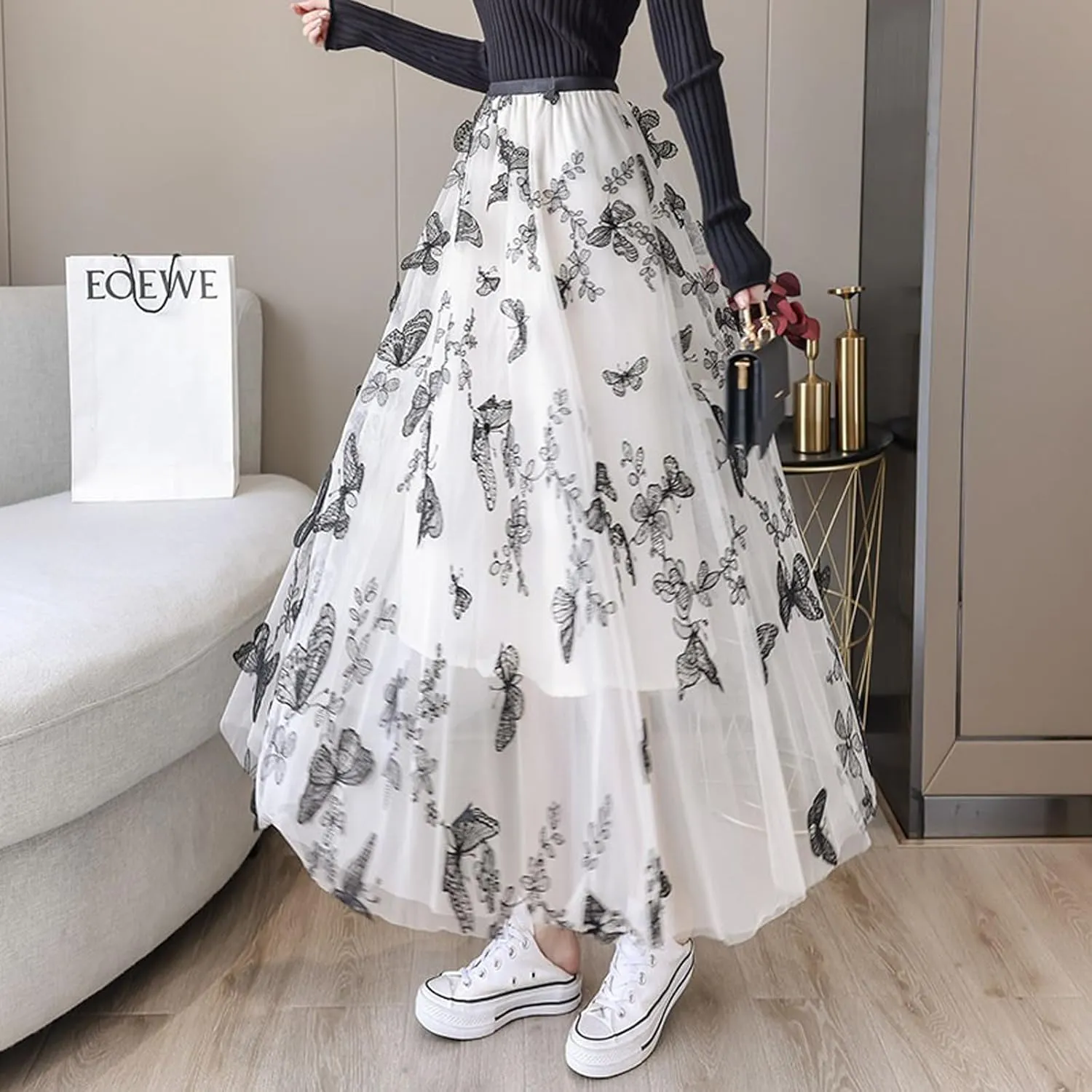 Women's Butterfly Double-Layer mesh midi Skirt Sheer Skirt Elastic high Waisted A-line midi Skirt