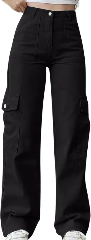 Womens Cargo Pants High Waist Baggy Cargo Jeans Flap Pocket Denim Pants Casual Straight Leg Trousers Y2K Streetwear