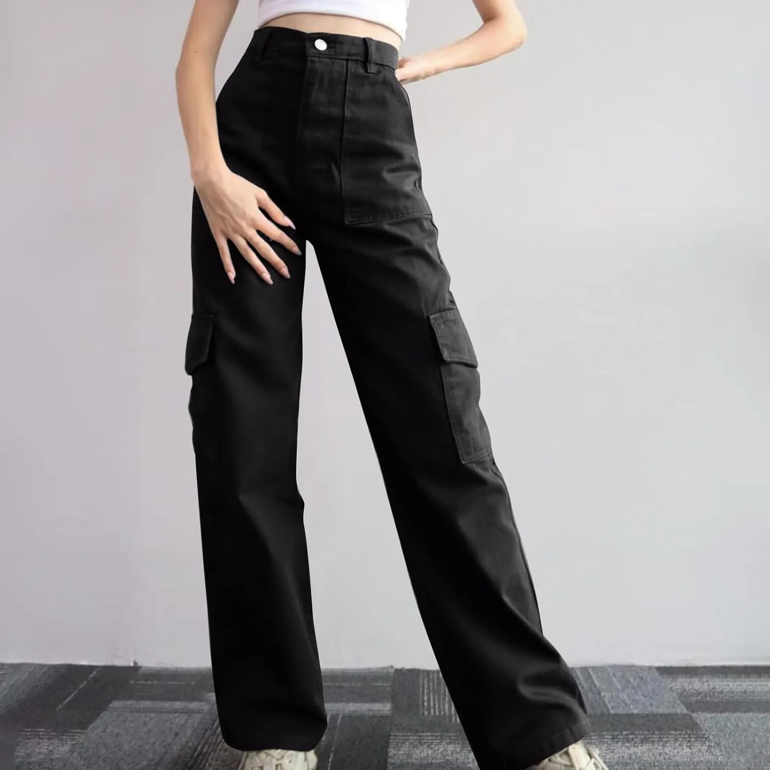 Womens Cargo Pants High Waist Baggy Cargo Jeans Flap Pocket Denim Pants Casual Straight Leg Trousers Y2K Streetwear