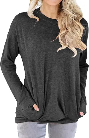 Womens Crewneck Long Sleeve Sweatshirts Casual Pullover Tops Loose Shirt with Pockets