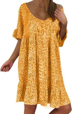 Womens Dresses Formal Occasion Women's Ladies Sexy Loose Print Hlaf Sleeve Ruffles Mini Dress Summer Dress